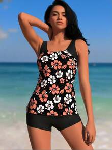 2026  Tankini Bathing Suit For Women, Pink And White Hibiscus Print Top With Black Boyshort Bottoms - Flower color(花色) - 查看 9
