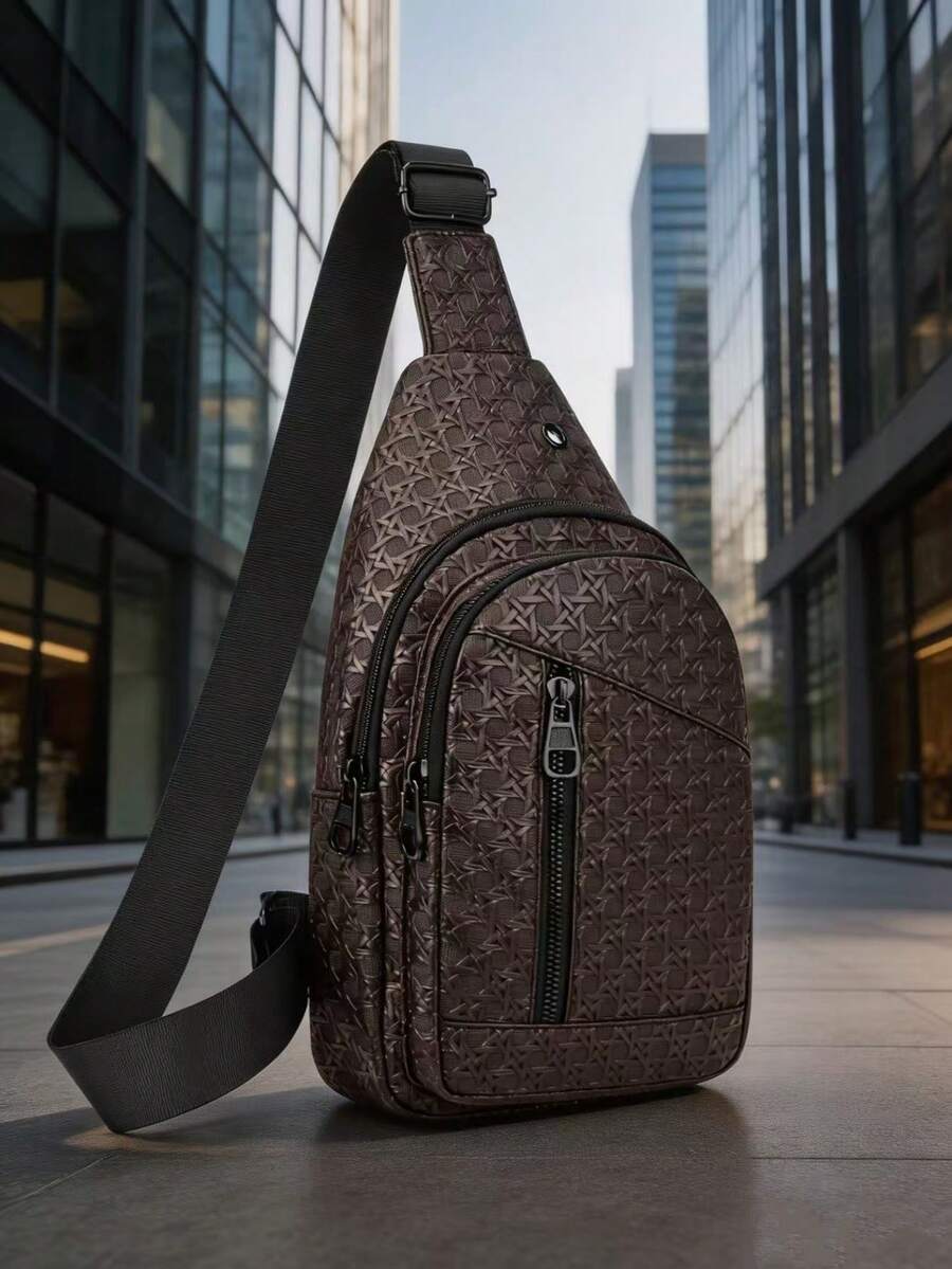 【星形压纹编织面料/商务轻奢胸包】2026新款男士防盗斜挎包，接近顶级牛皮质感单肩包，都市商务精英通勤包，多功能大容量，耳机孔，胸前包，时尚复古小包，男女通用包