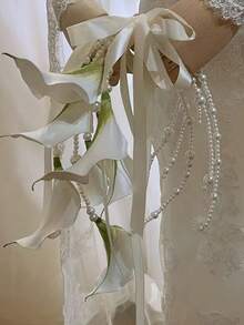 1pc Bridal Bridesmaid Wedding Bouquet - White Artificial Calla Lily/Lily/Orchid With Pearl Handle And Ribbon, 12.99 Inch Hand-Held Bride Bouquet For Wedding Proposal Party Church Decor - View 4