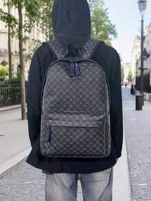 Men's High-End Plum Blossom Print Backpack, Geometric Pattern Retro Floral, Laptop Bag, PU Waterproof, Large Capacity For College Students, Business, Travel, Daily Use, Gift For Men (Suitable For Back To School Season) - Black - View 6