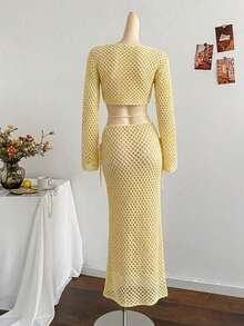 2026春夏新款时尚女装黄色镂空钩编两件套 - 长袖露脐上衣搭配宽松飘逸长裙,适合海滩度假、夏季休闲穿着、情人节女装、夏季假日装、Y2K风格、街头风、狂欢节、女士沙滩装、女士生日装、复活节、女士节日装、派对装、沙滩装、婚礼及活动、户外穿着、毕业典礼、黄色套装、女士休闲套装、女士奢华两件套、女士运动装。 - 黃色 - 查看 3