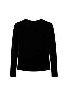 女士长袖T恤，百搭黑色U领修身套头衫，秋冬休闲春季款 - 黑色 - 查看 5