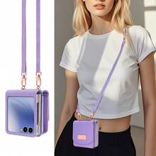 Faux Leather Lanyard Wallet Card Slot Phone Case For Samsung Galaxy Z Flip 3 5G, 4, 5, 6, 7 - Purple - View 6