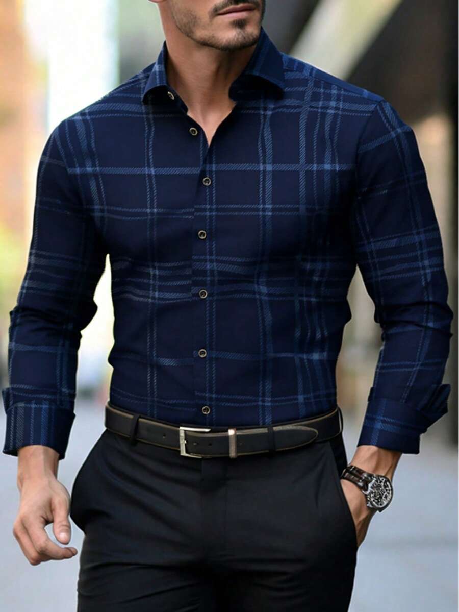 男士休闲商务通勤格子衬衫 - 藏蓝色 - 查看 1