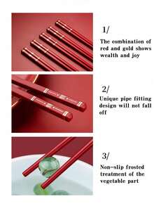 10双可重复使用的玻璃纤维中式筷子，可用洗碗机清洗，9.6英寸/24.3厘米磨砂防滑，适用于家庭/酒店/餐厅，圣诞节和新年筷子礼品，传统红色 - 紅色 - 查看 3