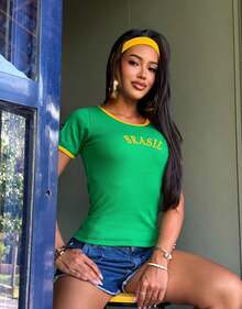 Women's Brazil Cotton Ribbed T-Shirt, Fitted To The Body, Casual, Comfortable, Short Sleeve, World Cup, Beach, Vacation - 綠色 - 查看 2