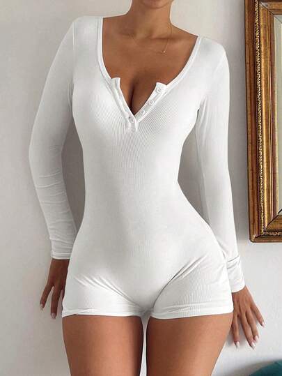 Vaiaye Women V-Neck Button Solid Color Minimalist Jumpsuit - Slim Fit Long Sleeve Cropped Jumpsuit, Suitable For Fitness, Sexy Versatile Outdoor Sports, Graduation Ceremony, Back To School Season, Autumn/Winter Knit Jumpsuit Spring Elegant