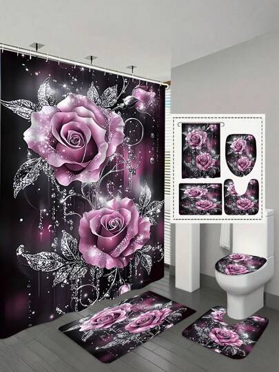 4pcs Purple Rose Bathroom Curtain Set, Includes Shower Curtain, Non-Slip Rug, Toilet Lid Cover And Bath Mat, Floral & Butterfly Bathroom Decor Set With Curtain And Rug