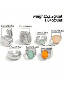 7pcs Vintage Geometric Jade Inlaid Chunky Ring Set, Suitable For Daily Wear, Party, Gift Jewelry, Adult Gift - Silver - View 2