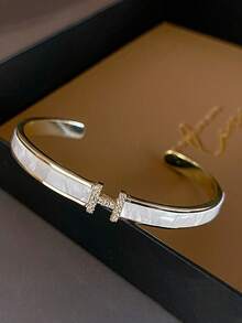 1pc Stainless Steel Gold-Plated Zirconia Letter Bangle Bracelet, Luxury Elegant Commuting Accessory, New Fashionable Jewelry - H Shell Bracelet - View 2
