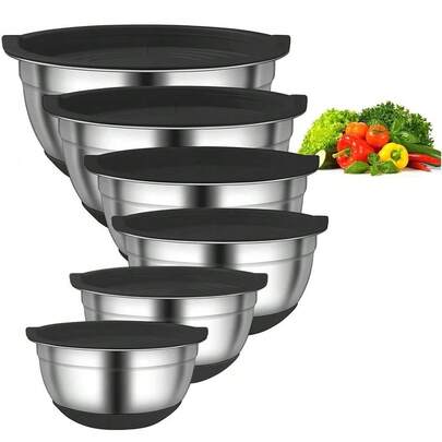 5pcs/Set Salad Bowl Set With Lids, Stainless Steel Mixing Bowls With Silicone Base And Non-Slip Pad, Suitable For Food Storage, Meal Prep, Salad, Kitchen Tools/Accessories