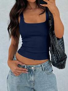 Vaiaye 女士方领无袖吊带背心，性感复古细肩带背心，沙滩度假T恤，女士健身服，适合日常穿着、工作通勤等休闲夏季场合 - 藏蓝色 - 查看 5