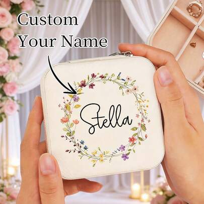 1pc Personalized Hot Stamping Custom Velvet Jewelry Box, Bohemian Style Round Portable Jewelry Organizer With Zipper Closure, Ring Roll & Custom Initials, Soft Fabric Lining, Bridesmaid Wedding Gift For Her, Valentine's Mother's Day Birthday Present, Small Jewelry Box, Jewelry Boxes