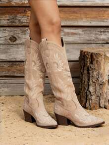 Khaki Cowgirl Outfits For Women Boots  Knee High Pointed Toe Thick Heels Festival Shoes Fashion Country Concert Combat Boots For Women - 卡其色 - 查看 3