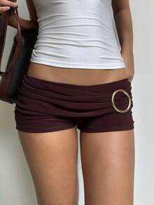 Women Y2K Metal Ring Decor Mini Shorts Solid Color Low Rise Elastic Waist Ruched Micro Shorts Sexy Stretch Booty Shorts Bottoms Summer Fashion Mini Shorts Party Club Going Out Shorts Streetwear - 咖啡棕 - 查看 1