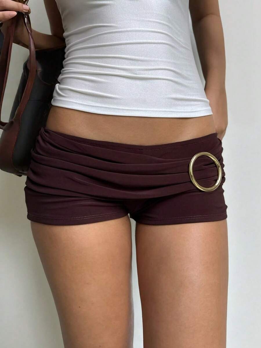 Women Y2K Metal Ring Decor Mini Shorts Solid Color Low Rise Elastic Waist Ruched Micro Shorts Sexy Stretch Booty Shorts Bottoms Summer Fashion Mini Shorts Party Club Going Out Shorts Streetwear - 咖啡棕 - 查看 1