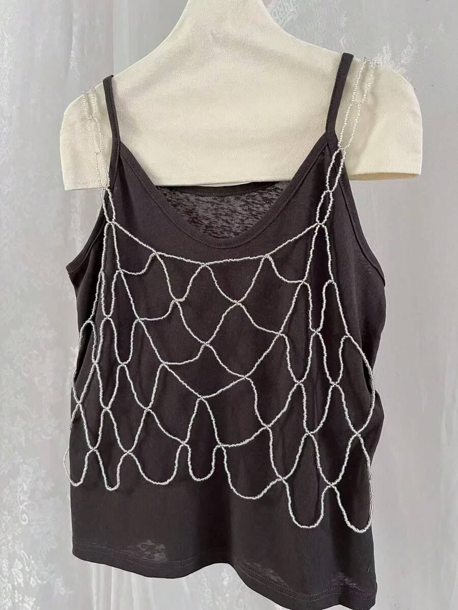 DEKUNER 1pc Silver Rhinestone Mesh Body Chain - Sparkly Net Overlay Top, Ideal For Layering With Casual Tees