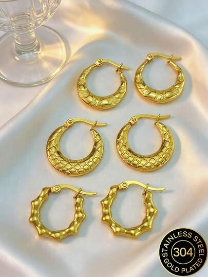 Geometriska guldörhängen i rostfritt stål, förgyllda smycken i rostfritt stål, örhängen för damer, ringformade örhängen, hypofysörhängen, förgyllda runda örhängen med gångjärn, bambu, textur, diamantslipning, sexkantig, fyrkantig, rund, fjärilsformad, design, robusta och allergivänliga örhängen lämpliga för känsliga öron, charmiga accessoarer för damer, modeaccessoarer från Mellanöstern, dekorativa accessoarer och accessoarer för Ramadan, fest- och festivalpresenter (1/3 par)
