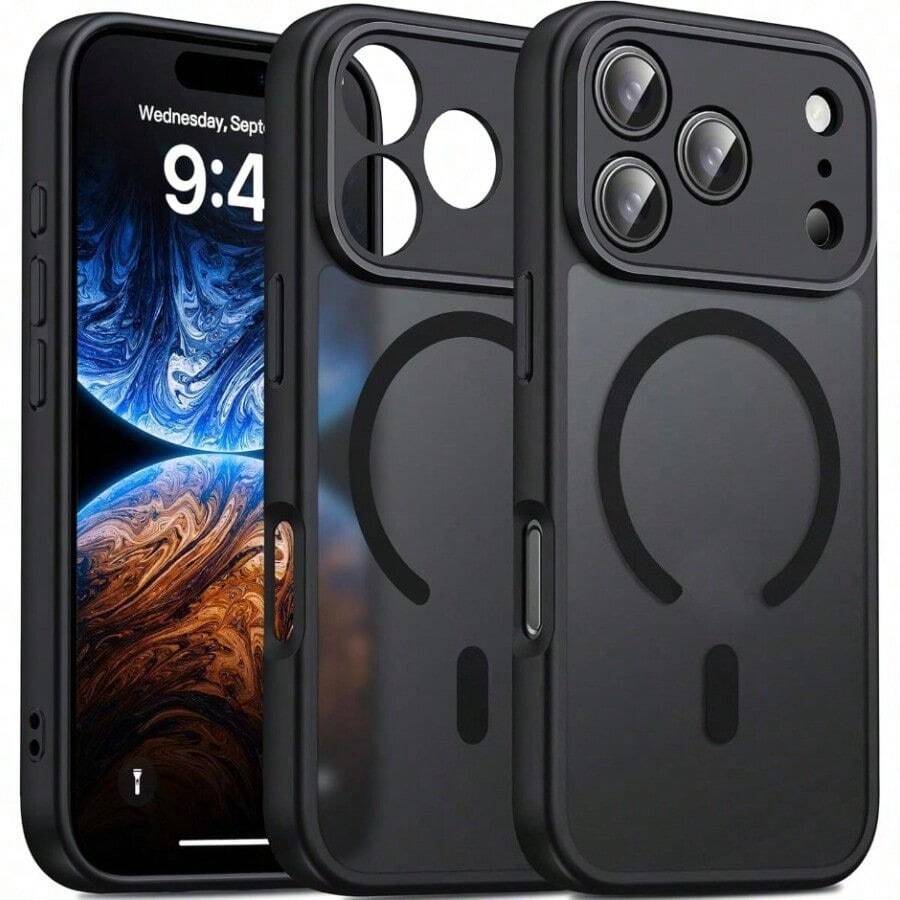 Funda magnética mate para teléfono para iPhone 17 Promax/17AIR/17Pro/17, protección de cámara completa actualizada, compatible con MagSafe, semi-transparente mate a prueba de golpes y arañazos, protección militar de grado duradero, ajuste delgado - Negro - Ver 1