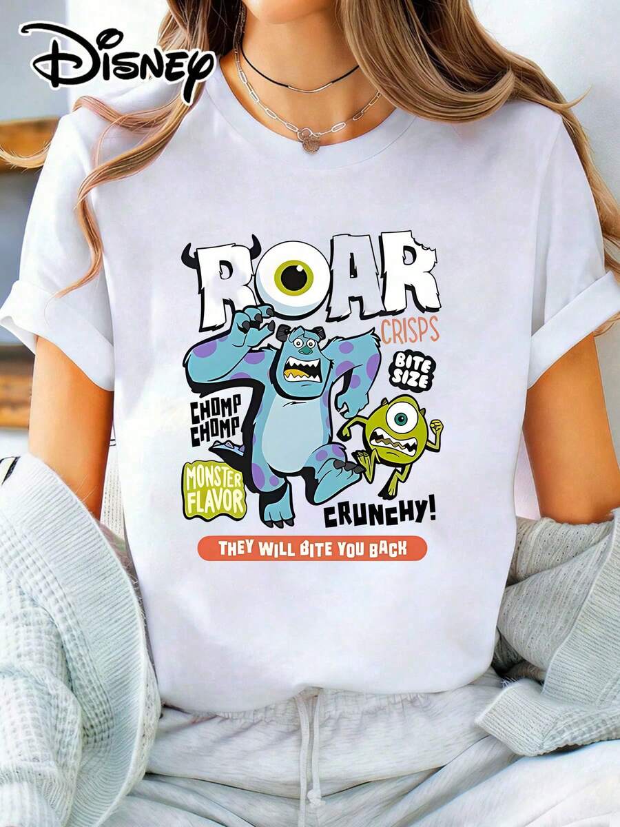 The Disney Monsters Inc. ROAR Print Short Sleeve Tee For Women Is A Casual Round-Neck Coat Top, Perfect For Taking Photos At Disneyland, As A Travel Souvenir, For Everyday Wear, Or For Matching Family Outfits. It Also Makes An Ideal Valentine's Day Gift For Friends And Family. This Women's Clothing Is A New Spring Style, Comfortable And Skin-Friendly, Suitable For Outdoor Wear. - White - View 1