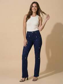 pthirillo Women's Dark Blue Flare Jeans With Butt-Lifting, High Waist, And Rhinestone Detail - Premium Rhinestone Jeans - Colorful Rhinestones and Rhinestone Mix - View 4