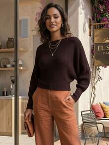 Women's Batwing Blouse, Fang Knit, Long Sleeve, Elegant Knitwear, Winter Fashion - Camel - Ver 6