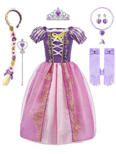 10 件套紫色花卉图案公主短袖连衣裙，带假发和配饰，适合儿童，圣诞节、万圣节派对、女孩的奢华服装角色扮演
