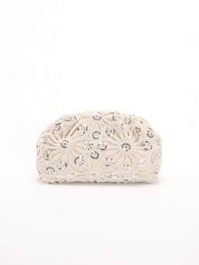 1个彩色PVC亮片花卉图案亚麻底网纱刺绣荷叶边云朵手拿包，闪亮优雅的晚宴包，适合休闲、度假、派对等场合（花卉亮片图案随机发送） - 米色 - 查看 5