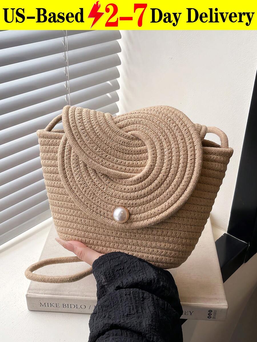 2026 New French Niche Woven Women's Handbag, Summer Beach Vacation Bag, Large Capacity Tote Vegetable Basket,Woven Bucket Beach Bag For Women, Knitted Tote With Crossbody Strap & Pearl-Accented Twist Knot Closure, Minimalist Straw Bag For Vacation, Wedding Events, And Summer Outings, Roomy Purse Fits Phone, Wallet, Keys In Khaki And BeigeThe Best Gift Choice, Birthday Gift, Valentine's Day[US Local Warehouse] - 彩色 - 查看 1