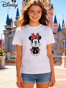 Comfortable Women's White Disney T-Shirt, Short-Sleeved, Loose Fit, Crew Neck, Pure Cotton, Minnie Mouse Pattern. - 白色 - 查看 1