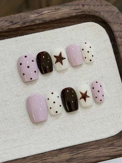 10pcs Pure Handmade Press On Nails Short Nails Square Nails Purple Nails Gentle Retro Style Press-On Nails With Purple And White Color Blocking, Hand-Painted Star And Polka Dot Patterns, Cute Minimalist And Daily Wear For Women And Girl,Spring Summer Fall Winter Festivals Party And Daily Life Use