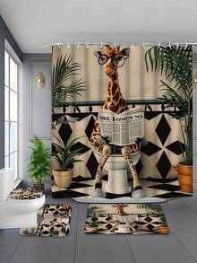 1/4件套蹲伏长颈鹿卡通印花防水浴帘套装，包含12个挂钩、防滑垫、U型垫和圆形马桶盖套，加厚涤纶材质，解决浴室积水问题 - A - 查看 2