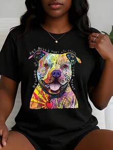 Women's T-Shirt Mother's Day Pit Bull Dog Art Print Casual Round Neck Short Sleeve T-Shirt Colorful Dog Design Comfortable Soft Fashion Elegant Machine Washable,Perfect For Mother's Day,Perfect Gift For Mom And Grandma,Holiday Patterned Women's Top - 黑色 - 查看 1