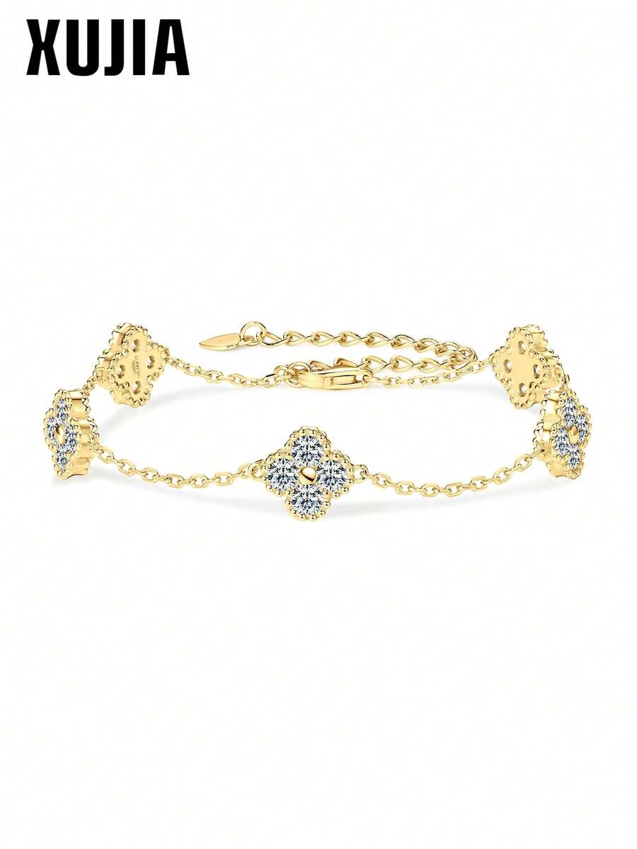 XUJIA 1pc 925 Sterling Silver Four-Leaf Clover Women's Fashion Bracelet, 3mm*20pcs Round Moissanite Lucky Pendant, Sweet Valentine's Day Gift For Girlfriend/Wife