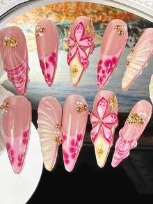 10 piezas de pegatinas de uñas con flores 3D hechas a mano, arte de uñas floral rosa intenso, uñas postizas de concha de primavera/verano tipo stiletto, para uso diario de mujeres y niñas - Rosa Fucsia - Ver 4