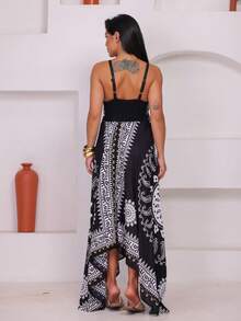Long  Dress With Printed Hem. - Black - View 2