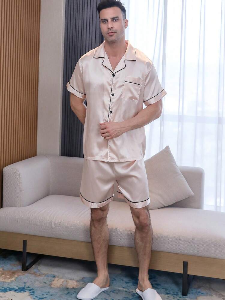 2pcs Men's Satin Pajama Set, Shorts & Short Sleeve Button-Up Shirt, Minimalist Solid Color Loungewear For Summer - Champagne - View 5