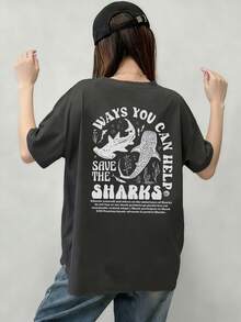 Kaos Wanita Kasual Leher Bulat Lengan Pendek dengan Motif Huruf & Kelautan, Serbaguna untuk Musim Semi/Panas - Abu-abu gelap - View 4