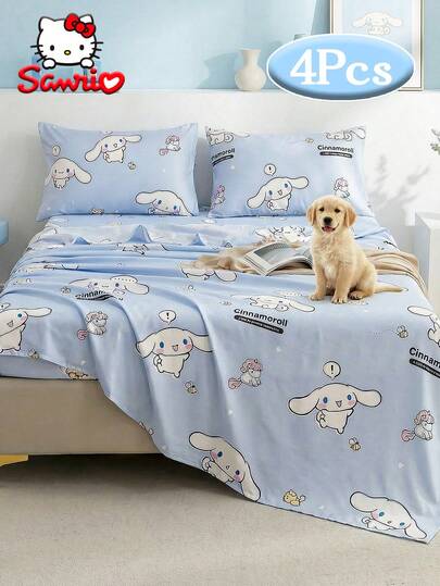 SANRIO 4-teiliges süßes Cartoon-Muster Bettwäsche-Set, Bettbezug, weiche Mikrofaser bedruckte Tagesdecke (1 Bettbezug + 1 Bettlaken + 2 Kissenbezüge), niedlicher Cartoon-Stil, weich & bequem, geeignet für Studentenwohnheim, Schlafzimmer Zuhause, Hotel, ganzjährig, tolles Geschenk für Jungen und Mädchen, Schul-Essentials, passend für alle Bettgrößen - Einzelbett, Doppelbett, Queensize, Kingsize