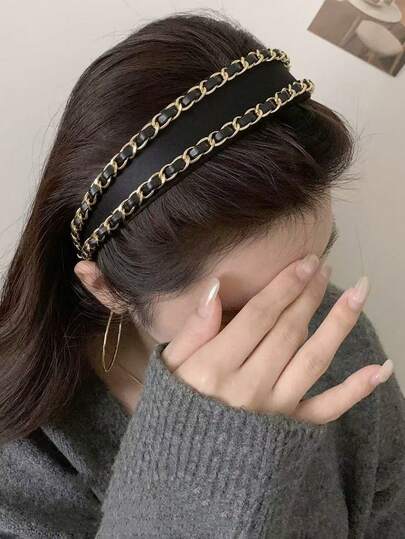 1件黑色优雅链条宽檐发箍 女士日常佩戴高冠式发箍 奢华发饰