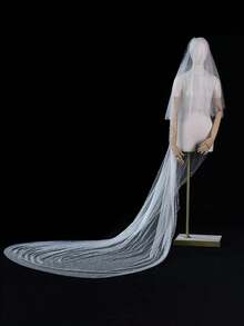 1 pièce Voile de mariée en tulle scintillant et étoilé avec perles, voile de mariage à couche unique de longueur mi-doigt, accessoire de cheveux de mariage de longueur de chapelle - A - Voir 9