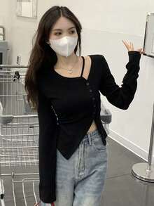 極簡純色修身開衩鈕扣獨特設計長袖女款休閒T恤 - 黑色 - 查看 2