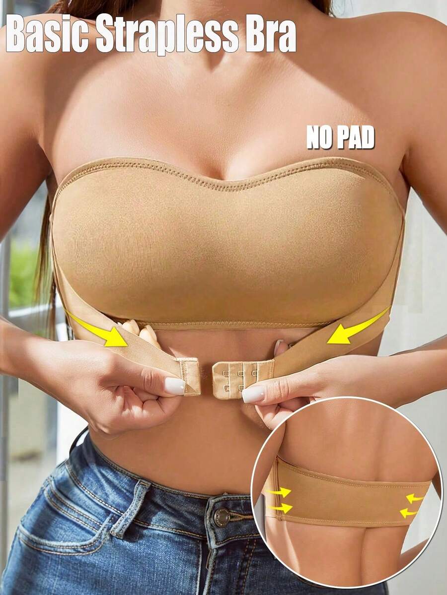 Women's Strapless Bandeau Bra, Button Front Closure NudeFit Seamless Backless Casual Comfortable Wireless Bra, Nude Color - Apricot - View 1