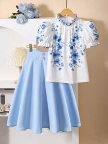 2pcs/Set Girls Floral Puff Sleeve Top And Mini Skirt, Casual Outfit For Spring/Summer - Blue and White - View 1