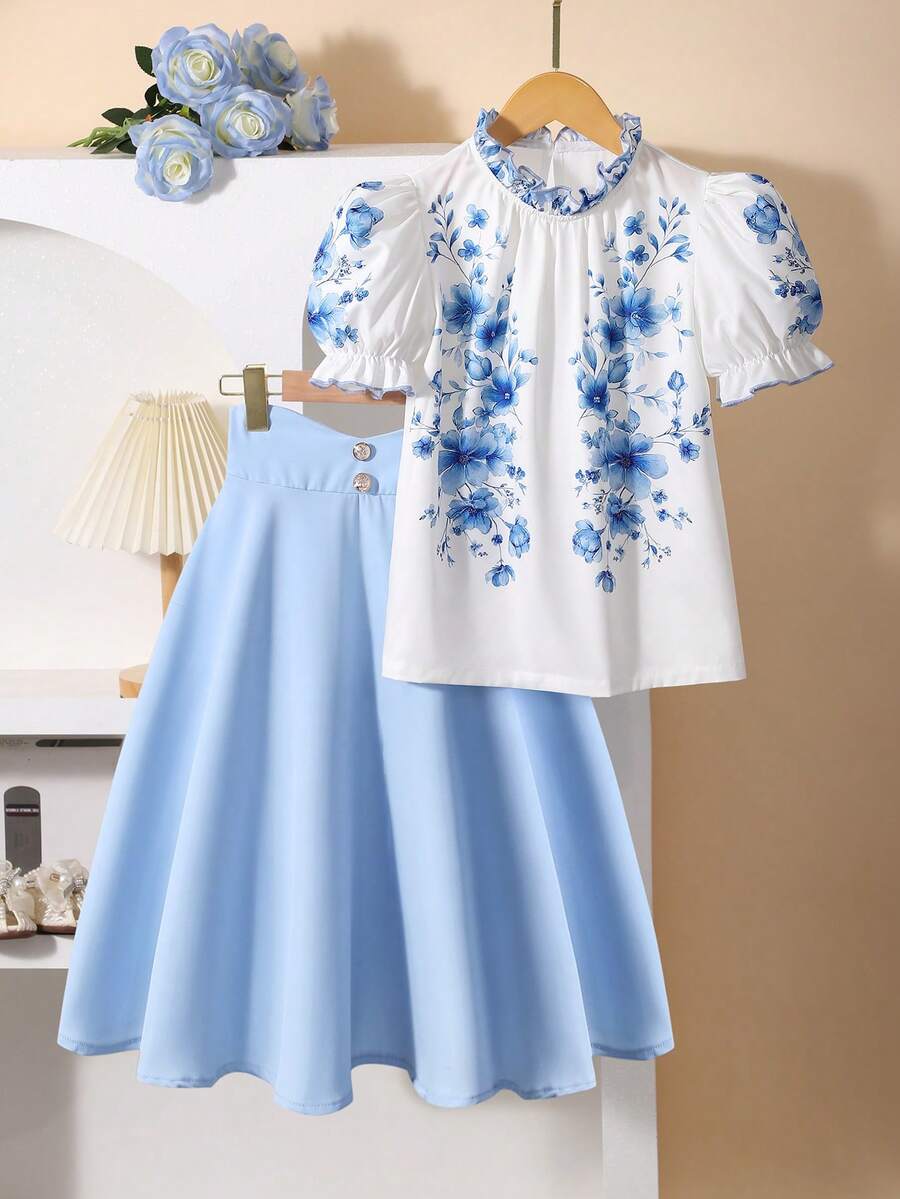 2pcs/Set Girls Floral Puff Sleeve Top And Mini Skirt, Casual Outfit For Spring/Summer - Blue and White - View 1