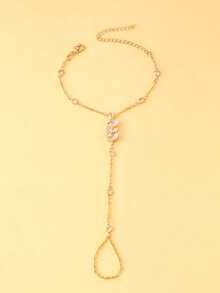 女士金叶水钻手链，精致沙滩风手指手链饰品 - 金色 - 查看 2