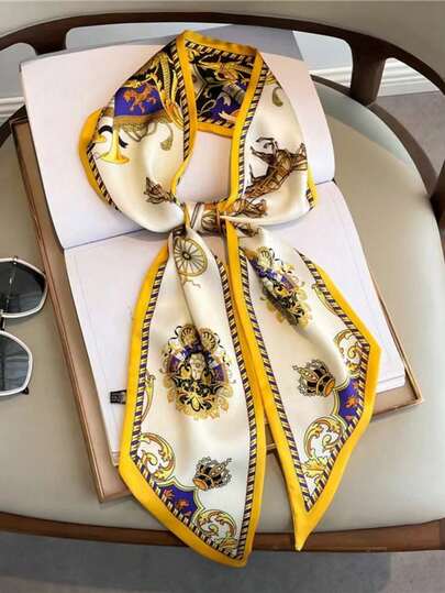 1pc Long Silk Scarf, Double-Sided Printed, Silk-Feel, Suitable For Women In Spring, Summer & Autumn, Can Be Worn As Neck Scarf, Belt, Hair Tie