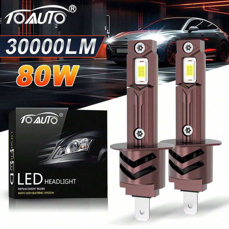 TOAUTO 2 buc 80W 30000LM H1 becuri LED pentru faruri CANBUS mini lampă 1:1 dimensiune nouă wireless H1 lumină de ceață cu ventilator auto LED plug & play 6500K 12V - A - Vizualizare 1