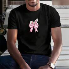 Men's T-Shirt, Women's T-Shirt,  Easter T-Shirt,  Pink Bow With Floral Pattern On Black T Shirt Comfortable And Versatile Outdoor Casual Short Sleeve - Negro - Ver 3
