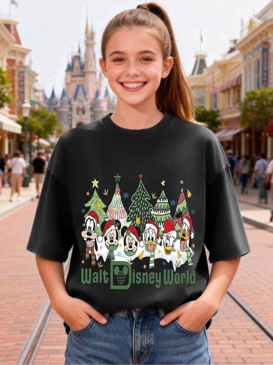 Summer T-Shirt, Welcome To Disney Happy World Printing, Suitable For Daily Wear, Easy To Wear In Summer, Micro-Elastic, Soft Round Neck Casual Daily Coat, Including Disney Fashion Printing, Round Neck Summer Sweatshirt, For Both Men And Women, Holiday Gifts. - màu đen - Xem 1